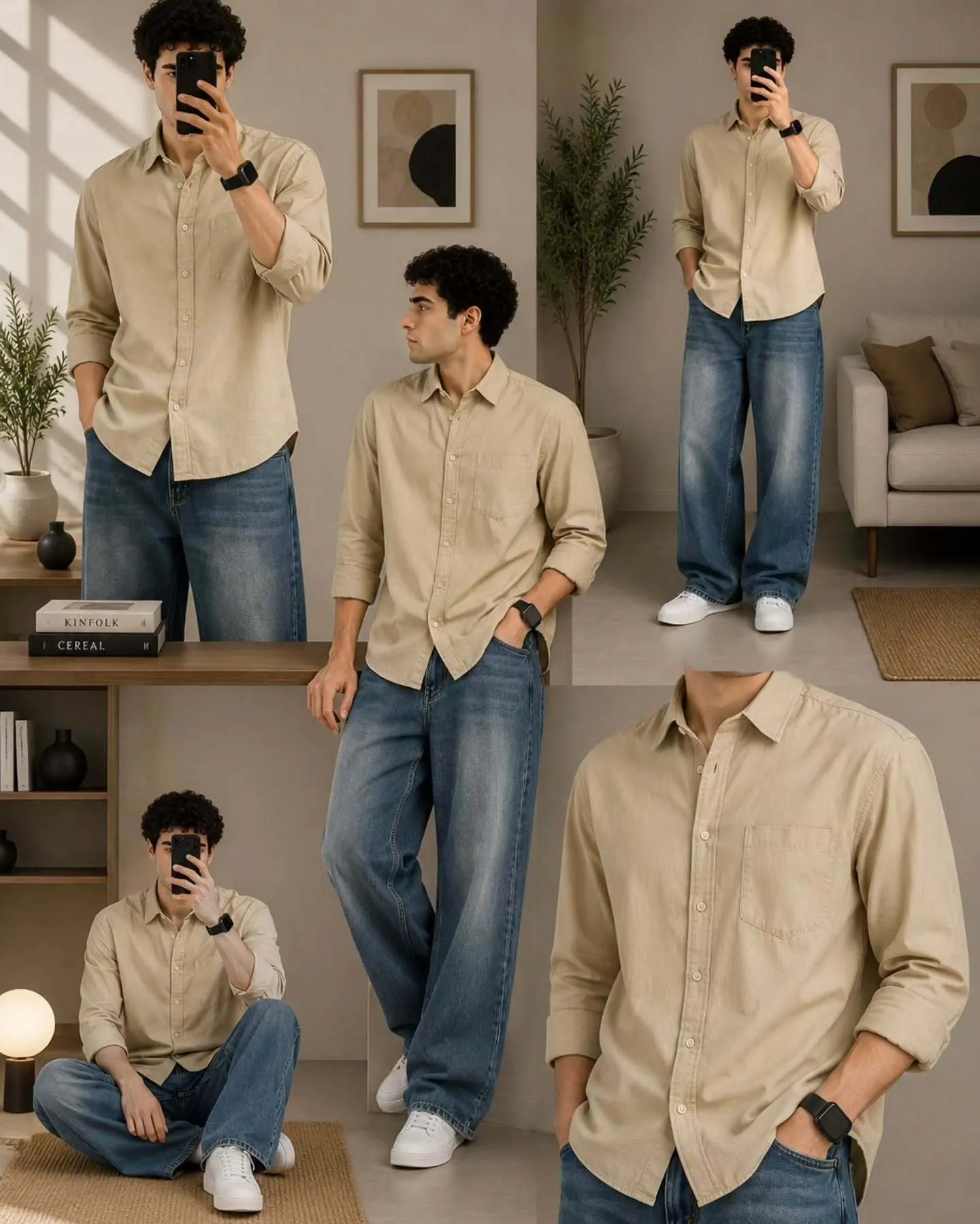 Rich Chocolate Brown Textured Shirt & Cream Trousers Combo - Image 2