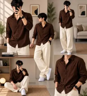 Rich Chocolate Brown Textured Shirt & Cream Trousers Combo