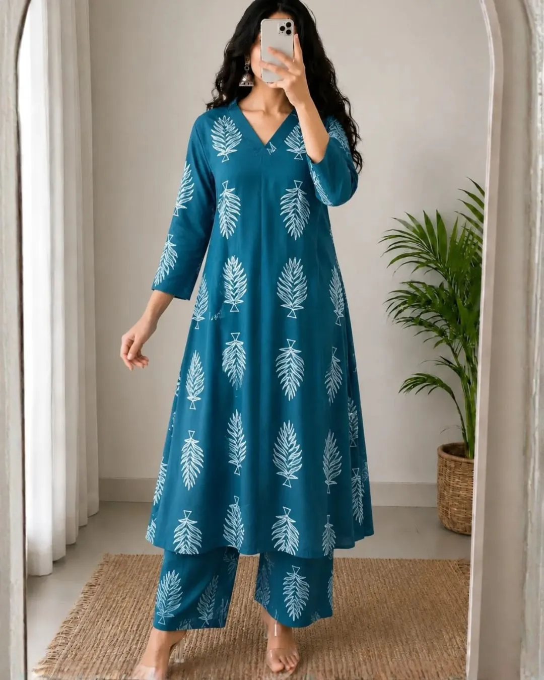 Classic Off-White Botanical Block Print Kurti Set - Image 2
