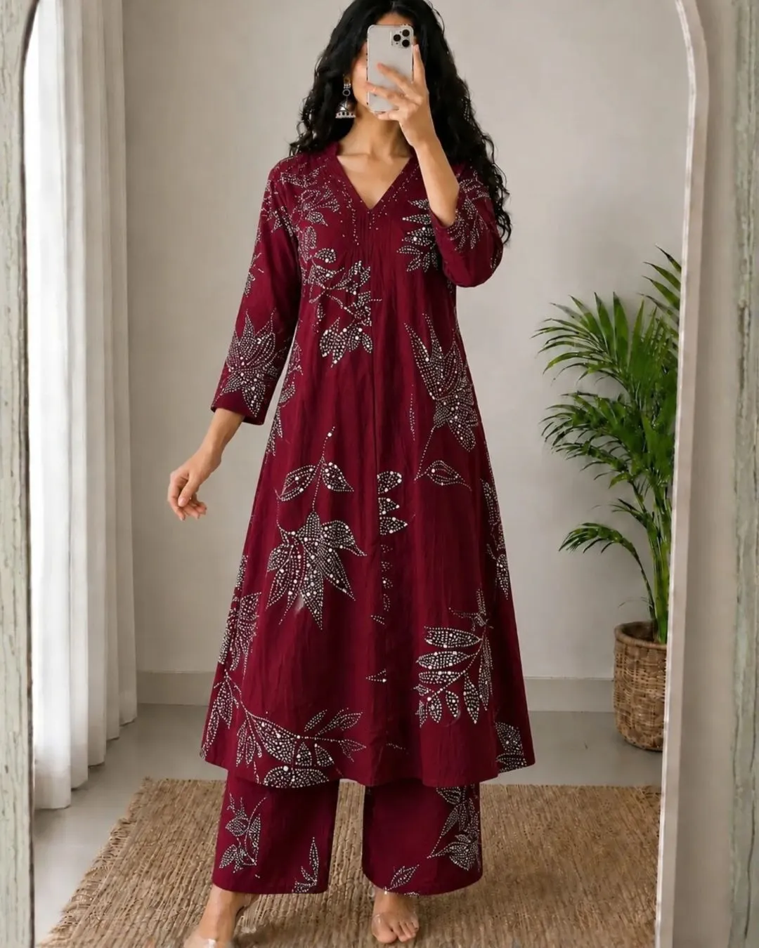 Classic Off-White Botanical Block Print Kurti Set - Image 4