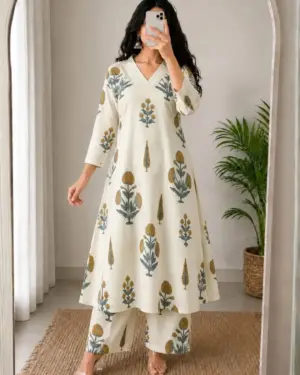 Classic Off-White Botanical Block Print Kurti Set