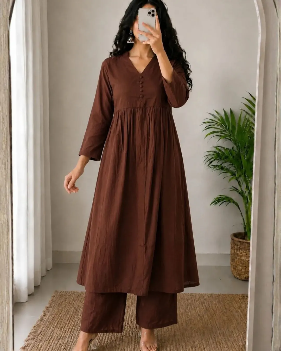 Classic Off-White Botanical Block Print Kurti Set - Image 3
