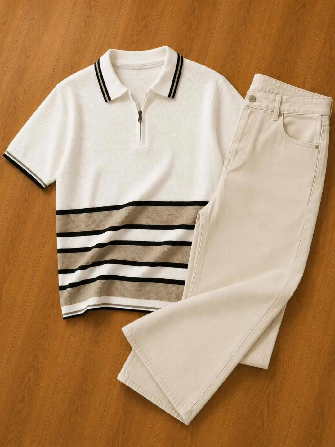 Retro Knit Zip-Polo & Black Denim Set - Image 2