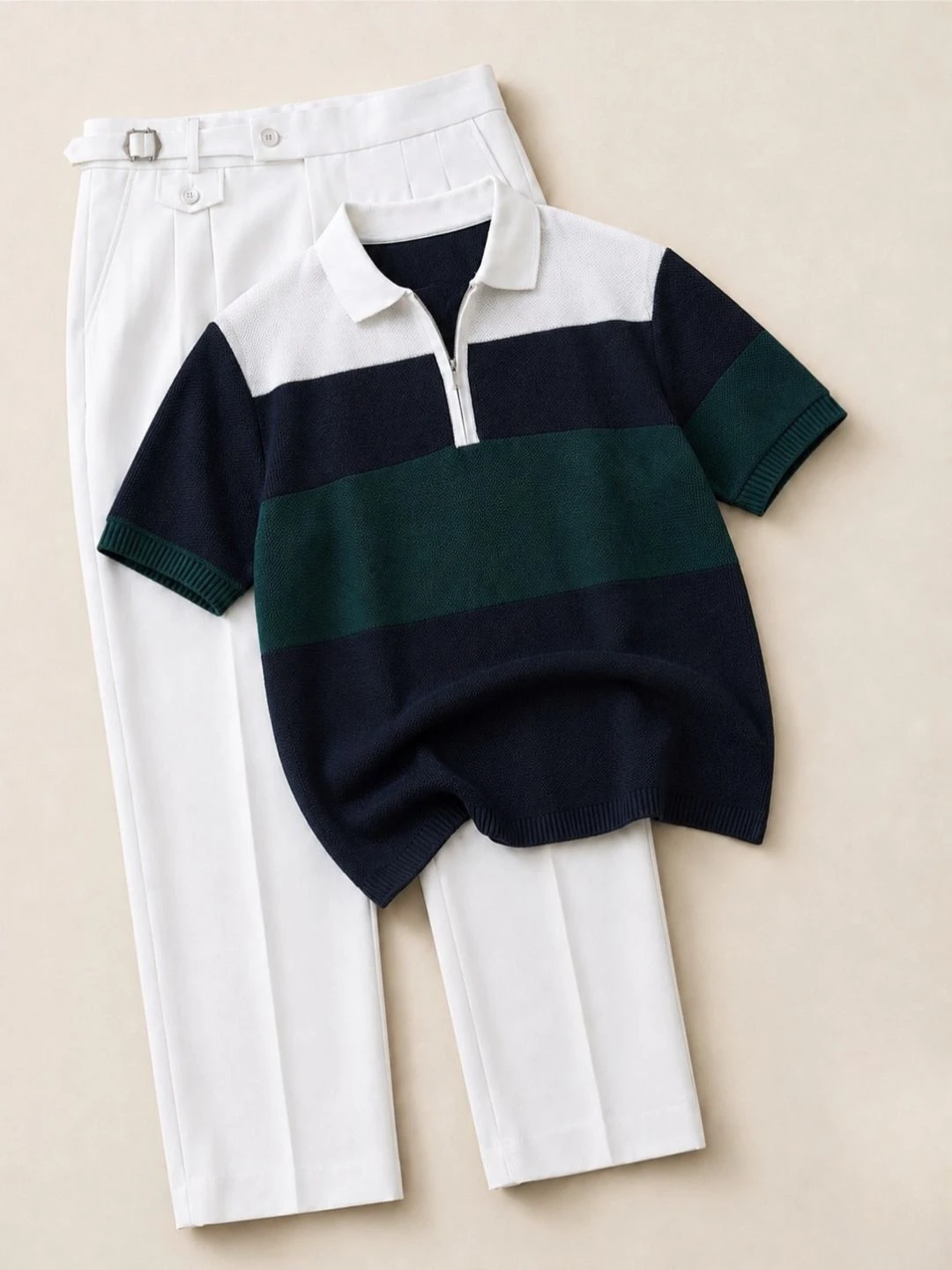 Men Colorblock Zip-Polo and Black Trousers Outfit Set - Image 3