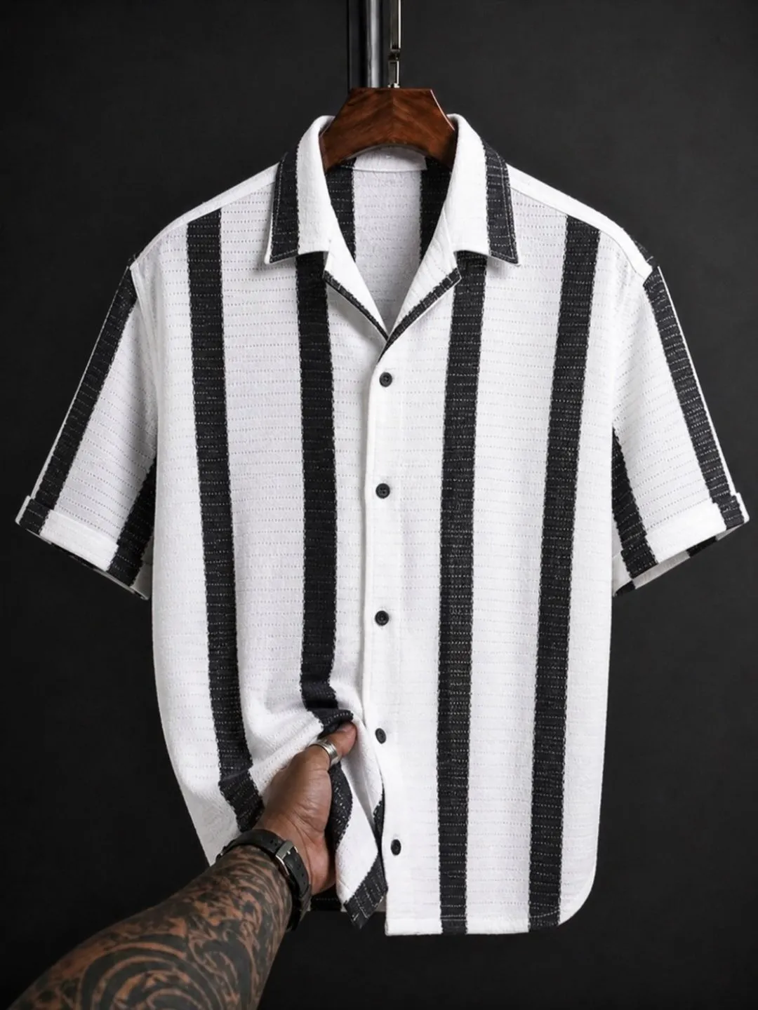 Men Brown and White Striped Cuban Collar Short-Sleeve Shirt - Image 3