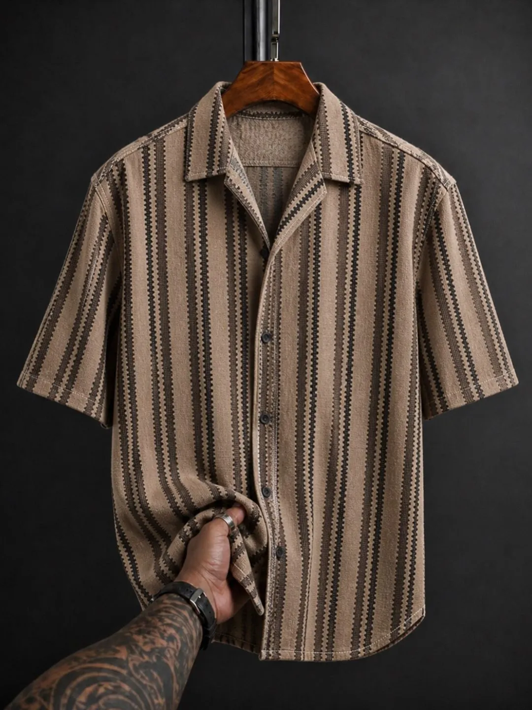 Men Brown and White Striped Cuban Collar Short-Sleeve Shirt - Image 2
