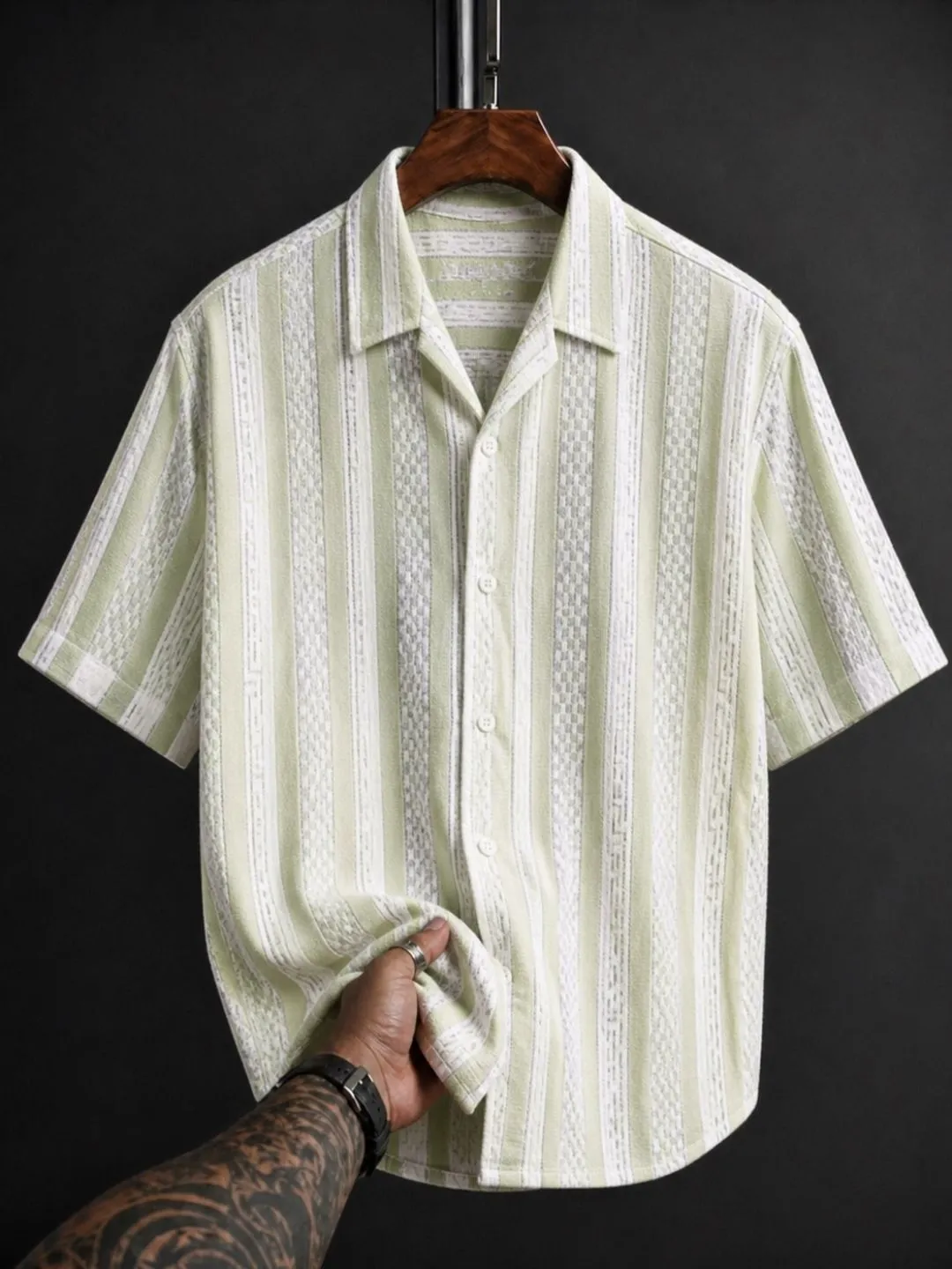 Men Brown and White Striped Cuban Collar Short-Sleeve Shirt - Image 6