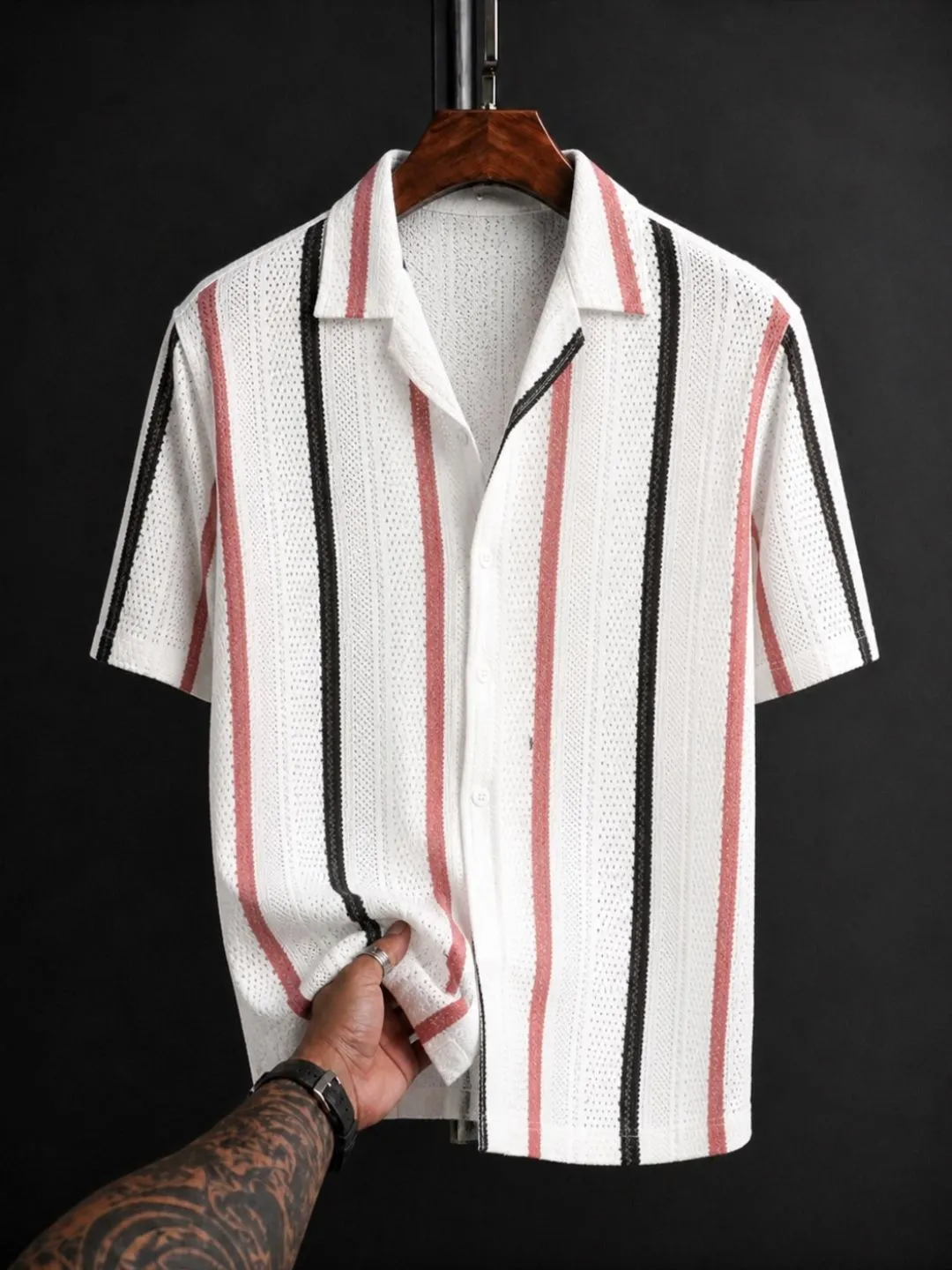 Men Brown and White Striped Cuban Collar Short-Sleeve Shirt - Image 5