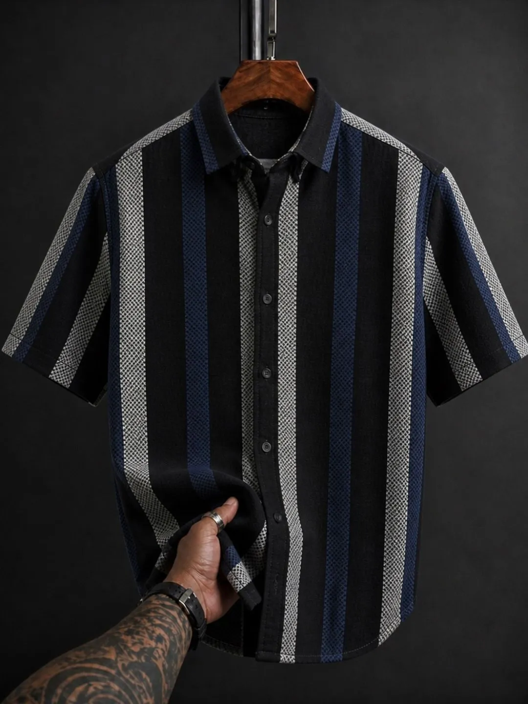 Men Brown and White Striped Cuban Collar Short-Sleeve Shirt - Image 4