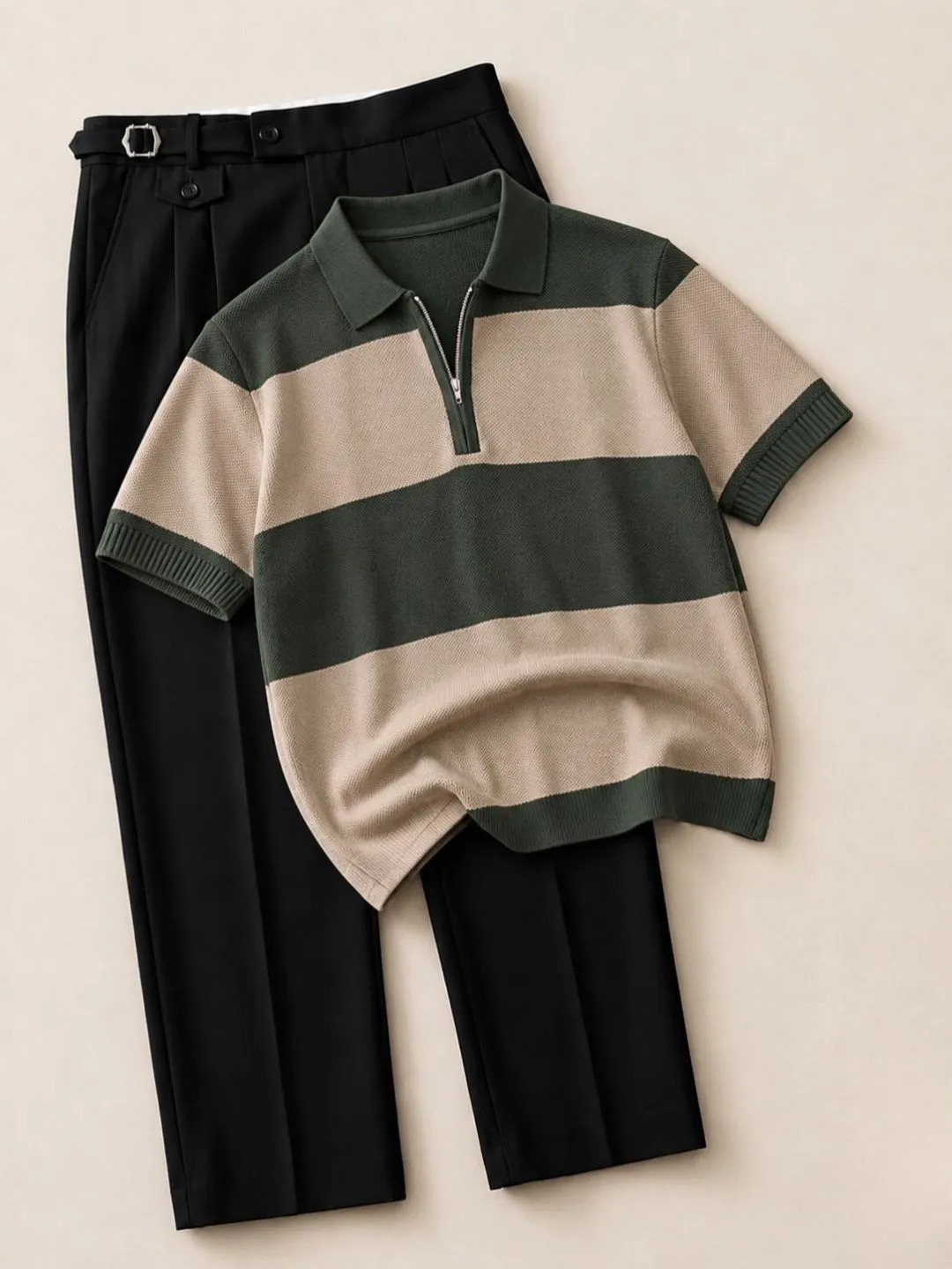 Men Colorblock Zip-Polo and Black Trousers Outfit Set