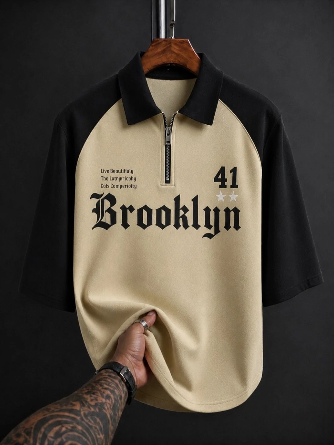Men Brown Tokyo Print Half-Zip Polo Shirt - Image 2
