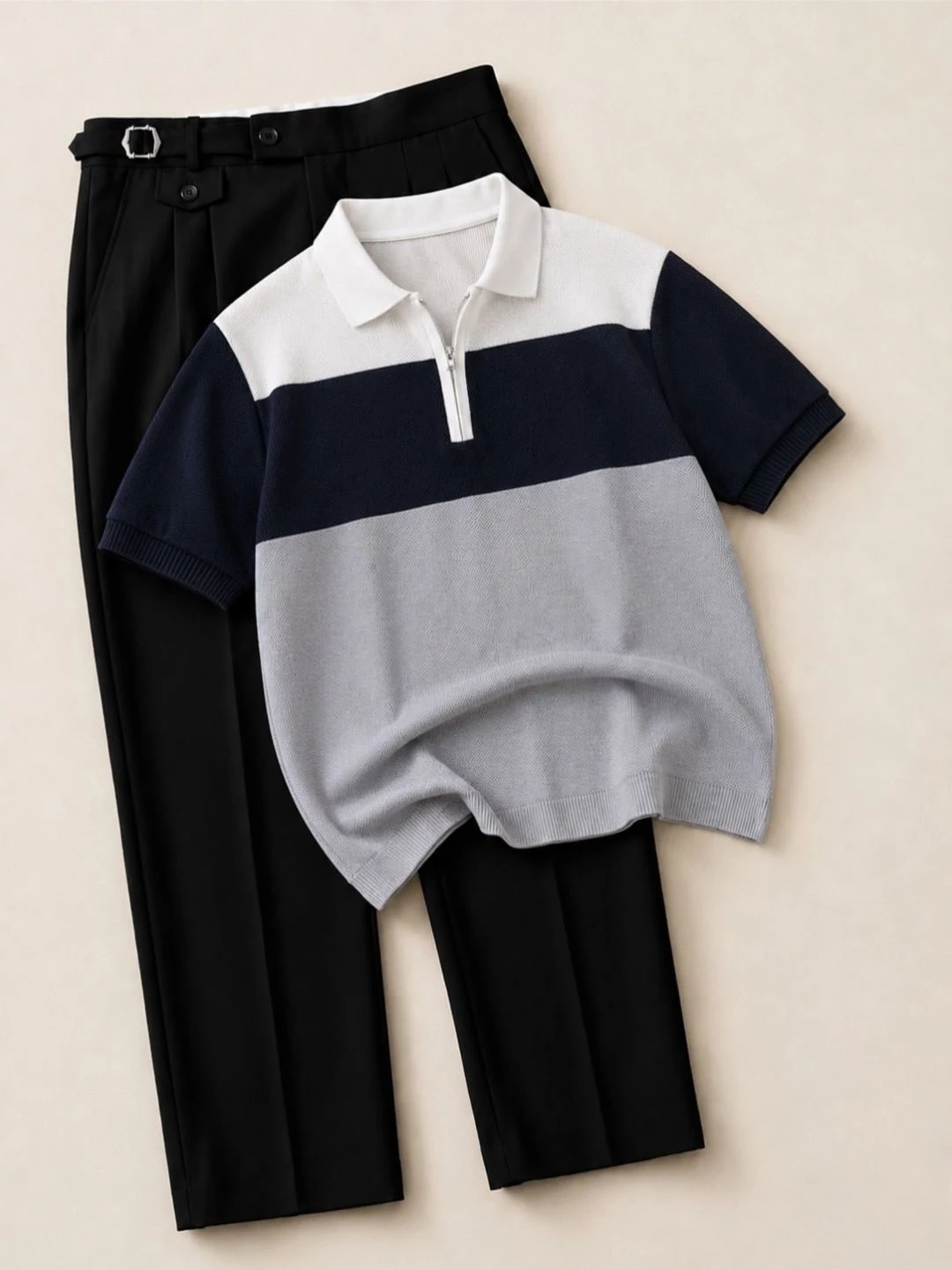 Men Colorblock Zip-Polo and Black Trousers Outfit Set - Image 2