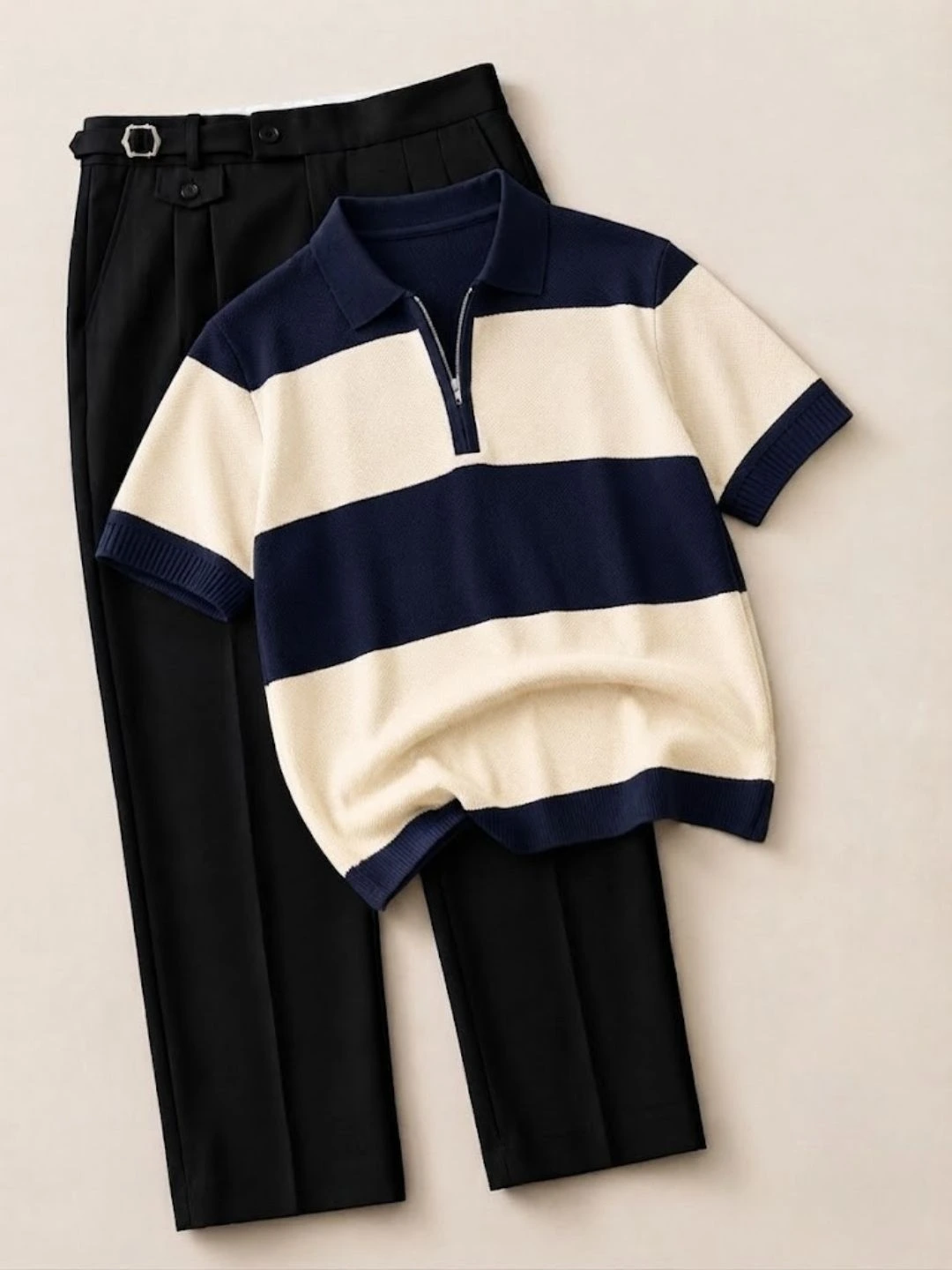 Men Colorblock Zip-Polo and Black Trousers Outfit Set - Image 4