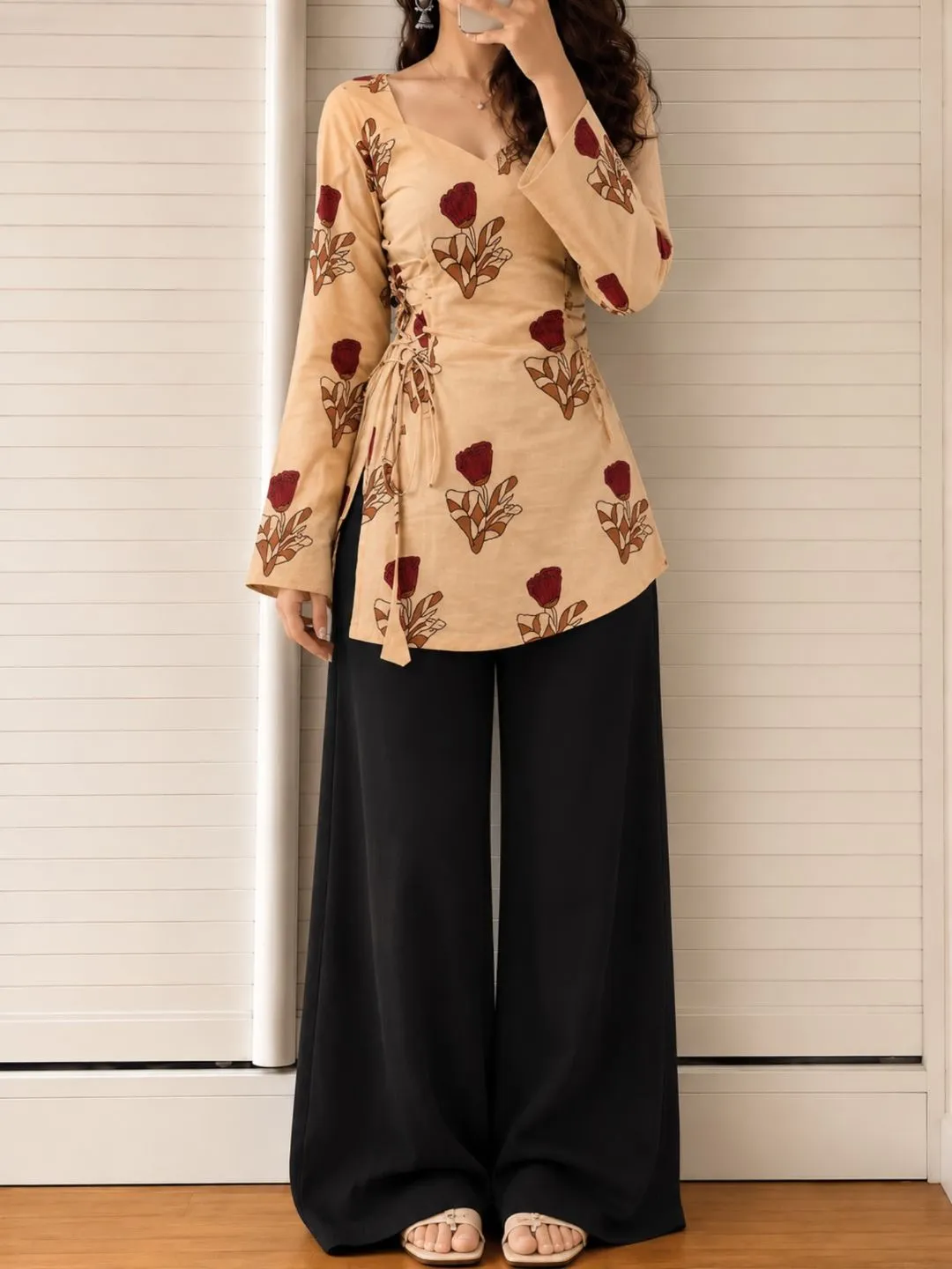 Women Floral Embroidered Peplum Top and Denim Outfit - Image 2