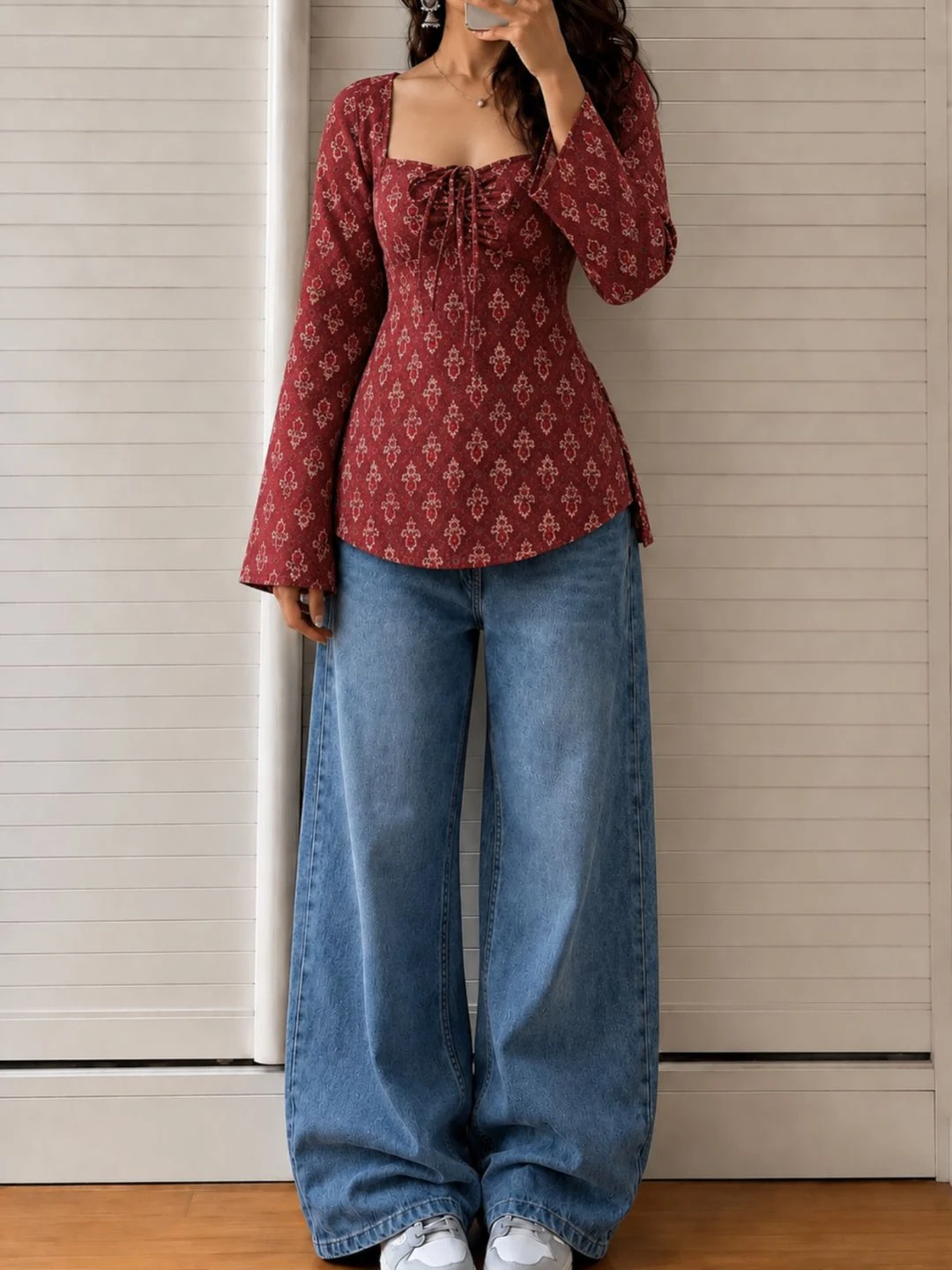 Women Floral Embroidered Peplum Top and Denim Outfit - Image 3