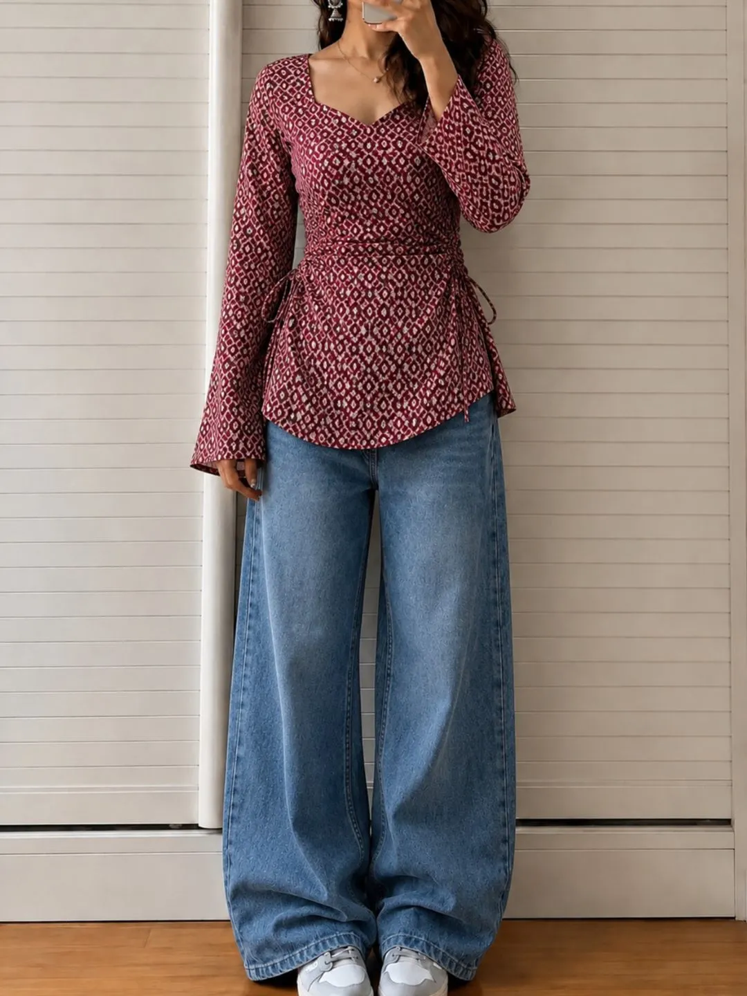 Women Floral Embroidered Peplum Top and Denim Outfit - Image 5