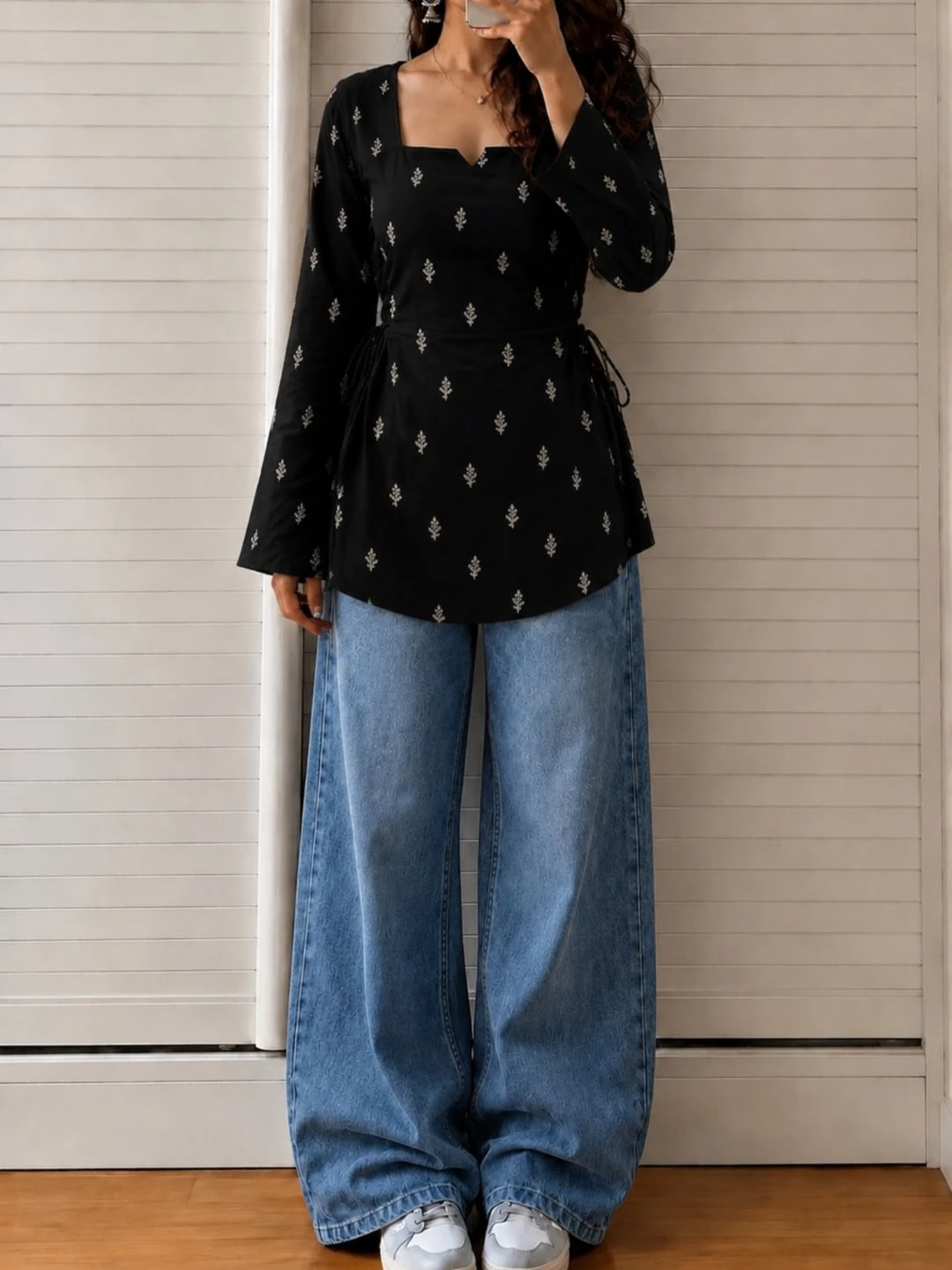 Women Floral Embroidered Peplum Top and Denim Outfit - Image 4