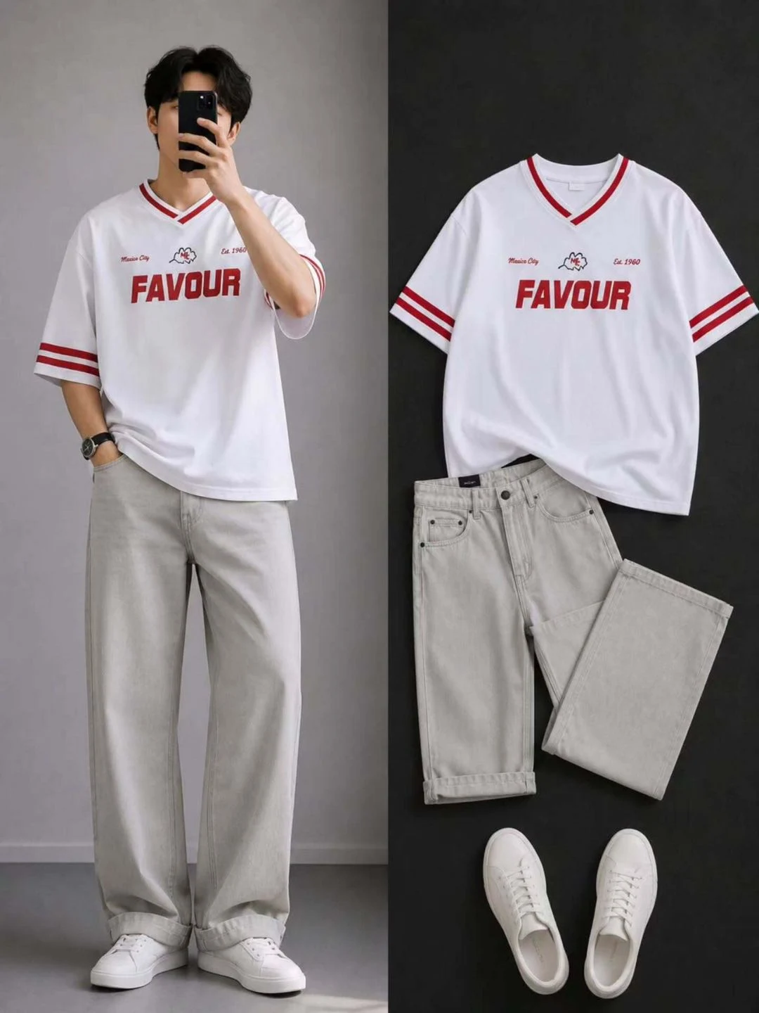 Men Green and Cream Colorblock V-Neck T-Shirt with Grey Jeans - Image 2