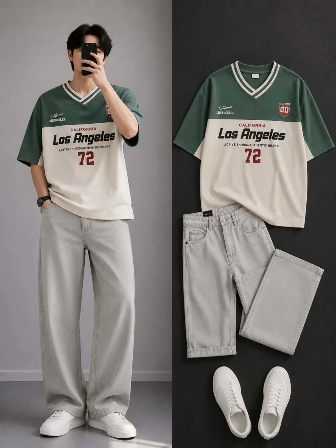 Men Green and Cream Colorblock V-Neck T-Shirt with Grey Jeans