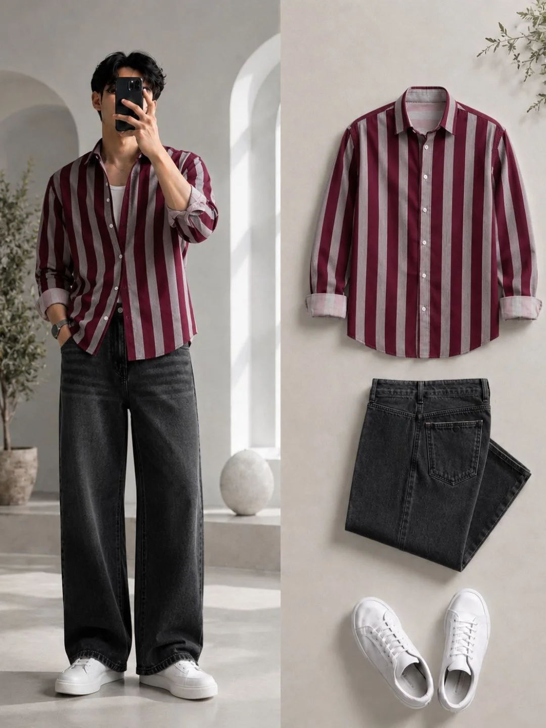 Men Blue and White Vertical-Striped Full-Sleeve Shirt with Black Jeans - Image 2