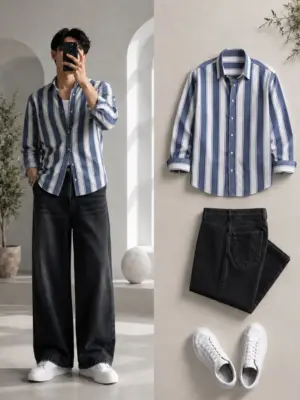 Men Blue and White Vertical-Striped Full-Sleeve Shirt with Black Jeans