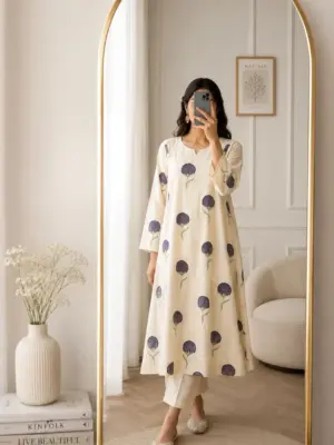 Women Ivory & Purple Block-Print Long Kurta with Matching Trousers Co-Ord Set