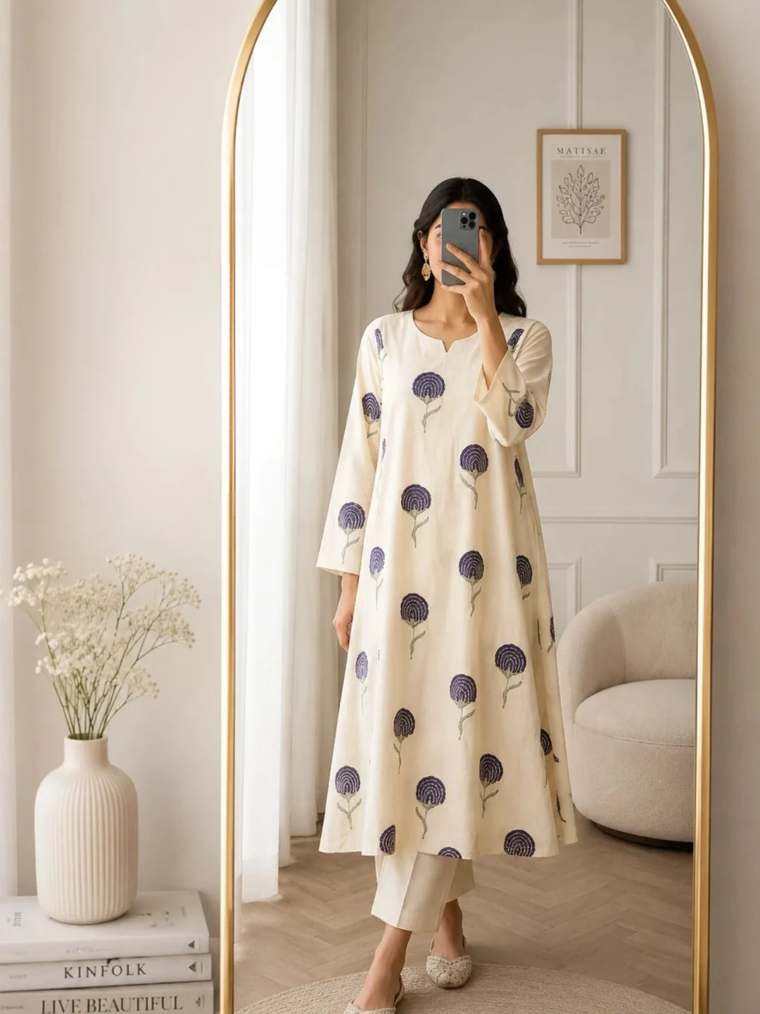 Women Ivory & Purple Block-Print Long Kurta with Matching Trousers Co-Ord Set