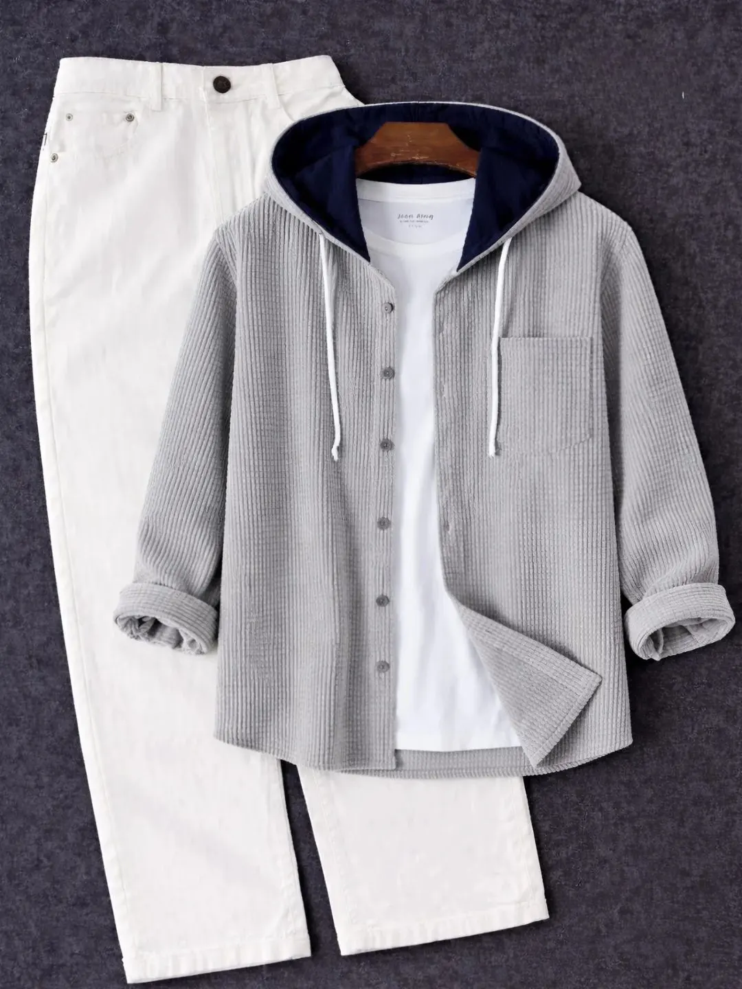 Men Royal Blue Corduroy Long-Sleeve Overshirt with White Tee - Image 4