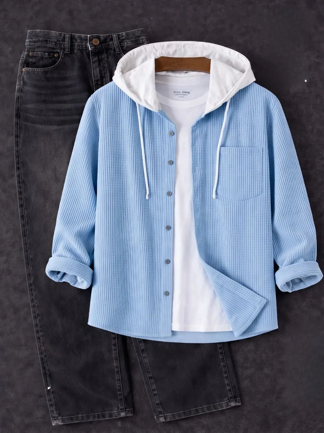Men Royal Blue Corduroy Long-Sleeve Overshirt with White Tee - Image 2