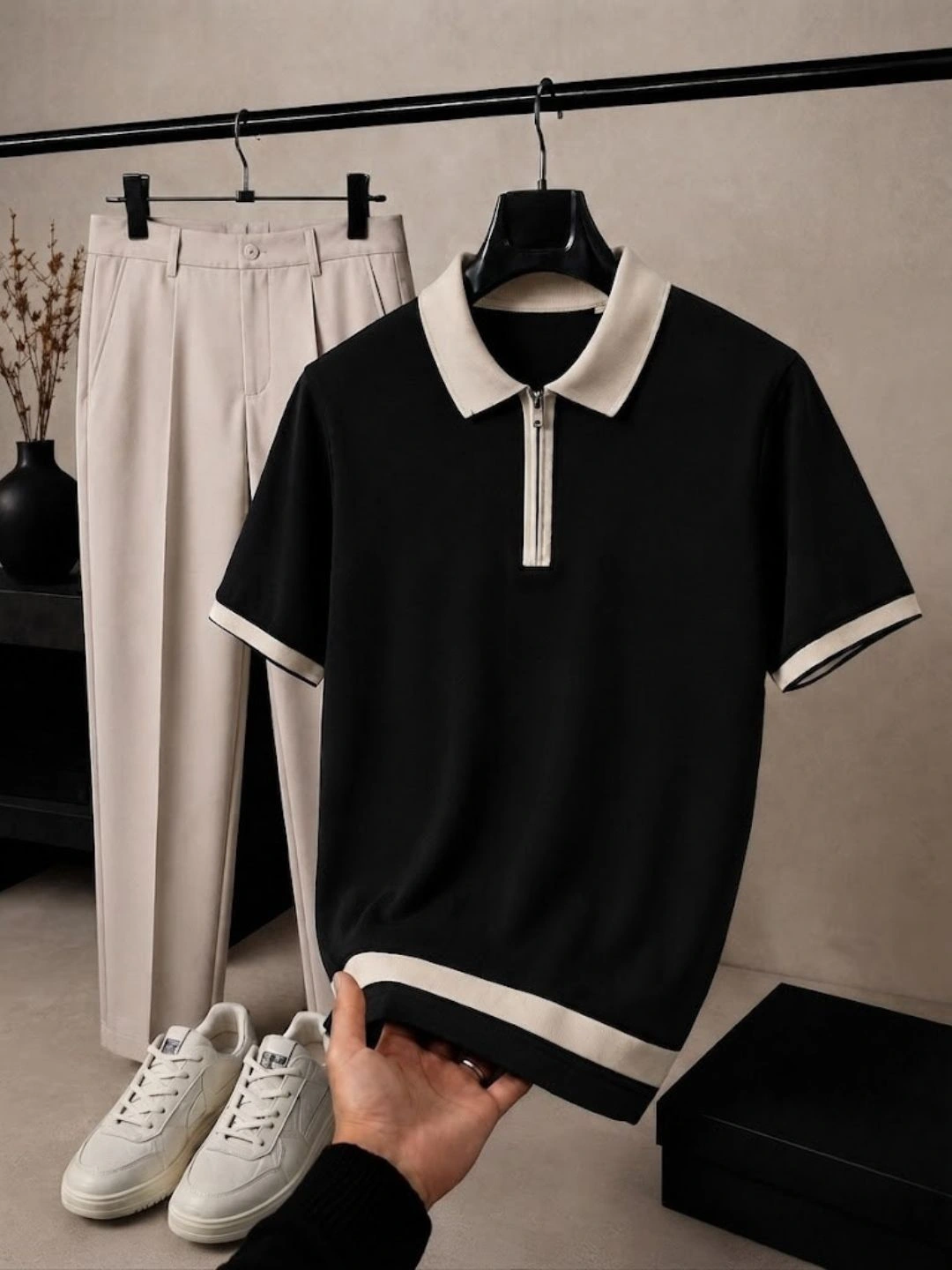 Men Brown Half-Zip Knit Polo Shirt with Beige Trousers Outfit Set - Image 4