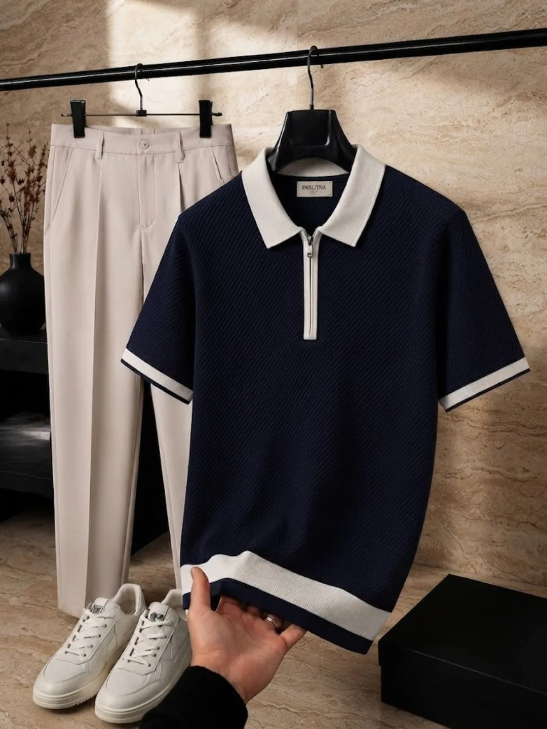 Men Brown Half-Zip Knit Polo Shirt with Beige Trousers Outfit Set - Image 2