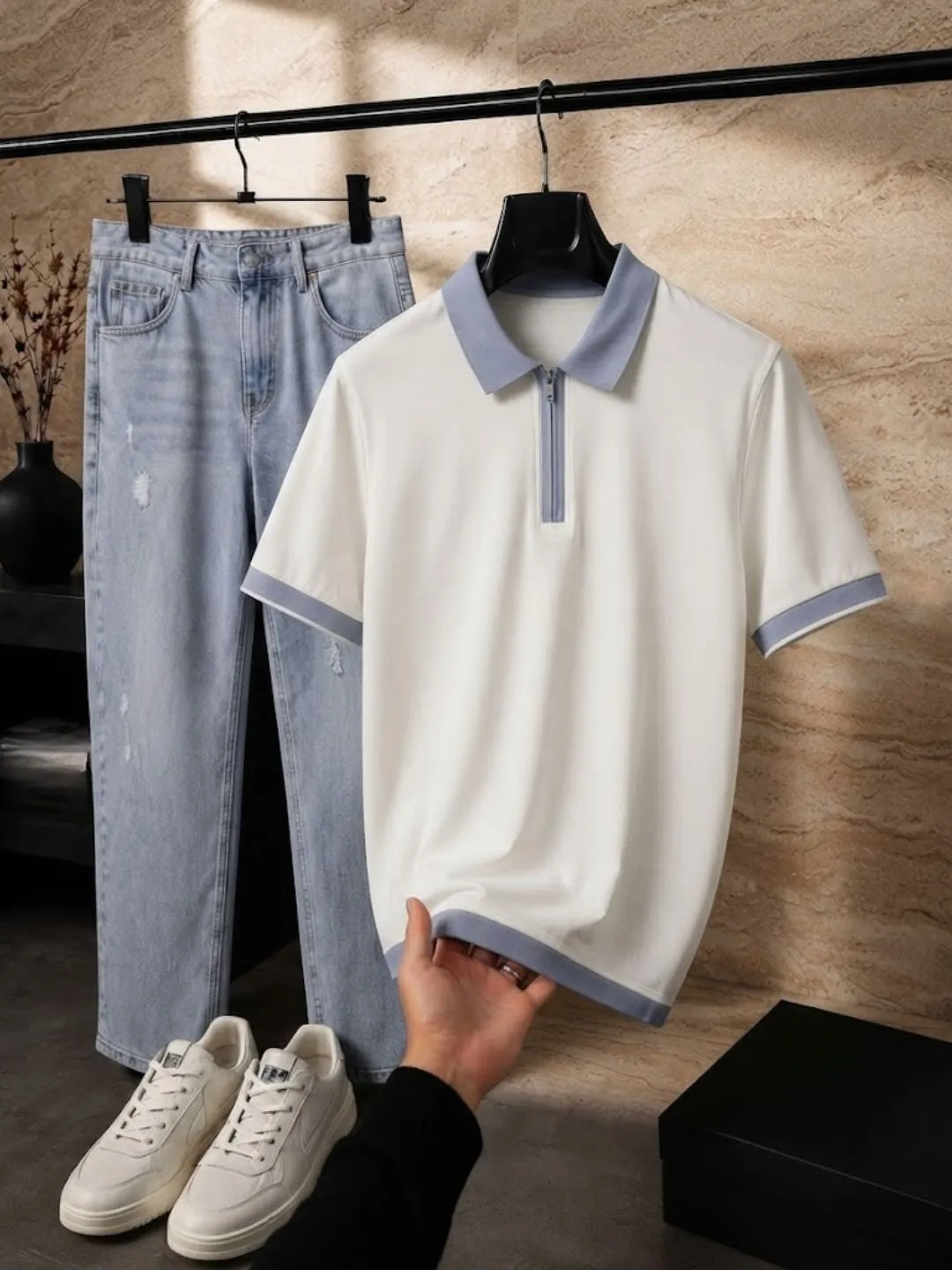 Men Brown Half-Zip Knit Polo Shirt with Beige Trousers Outfit Set - Image 3