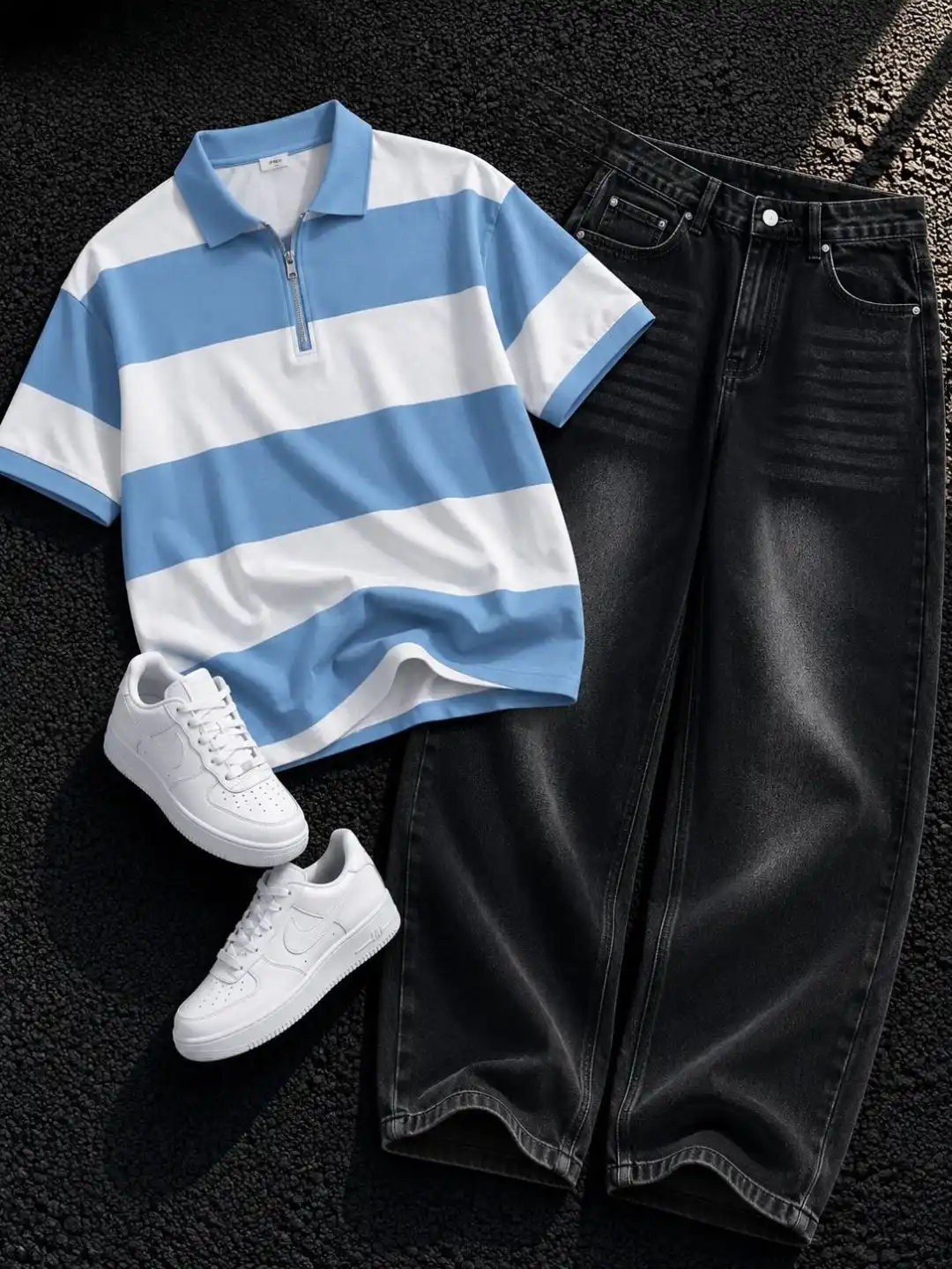 Men Brown Zip-Collar Polo Shirt with Black Acid-Wash Jeans - Image 3