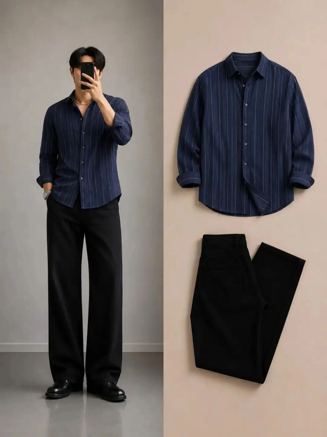Men Brown Striped Full-Sleeve Shirt with Black Trousers Outfit Set - Image 4