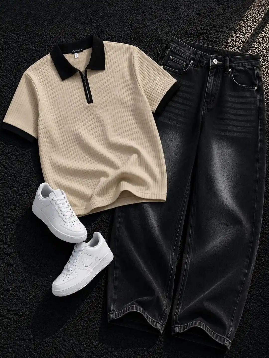 Men Brown Zip-Collar Polo Shirt with Black Acid-Wash Jeans - Image 2