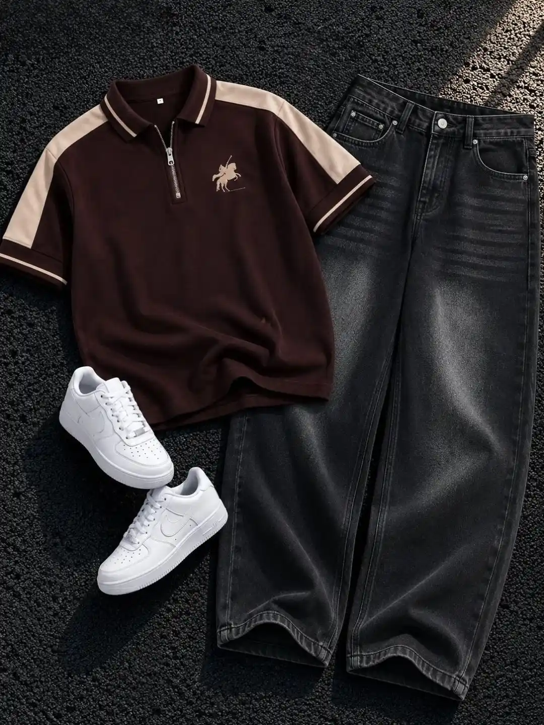 Men Brown Zip-Collar Polo Shirt with Black Acid-Wash Jeans