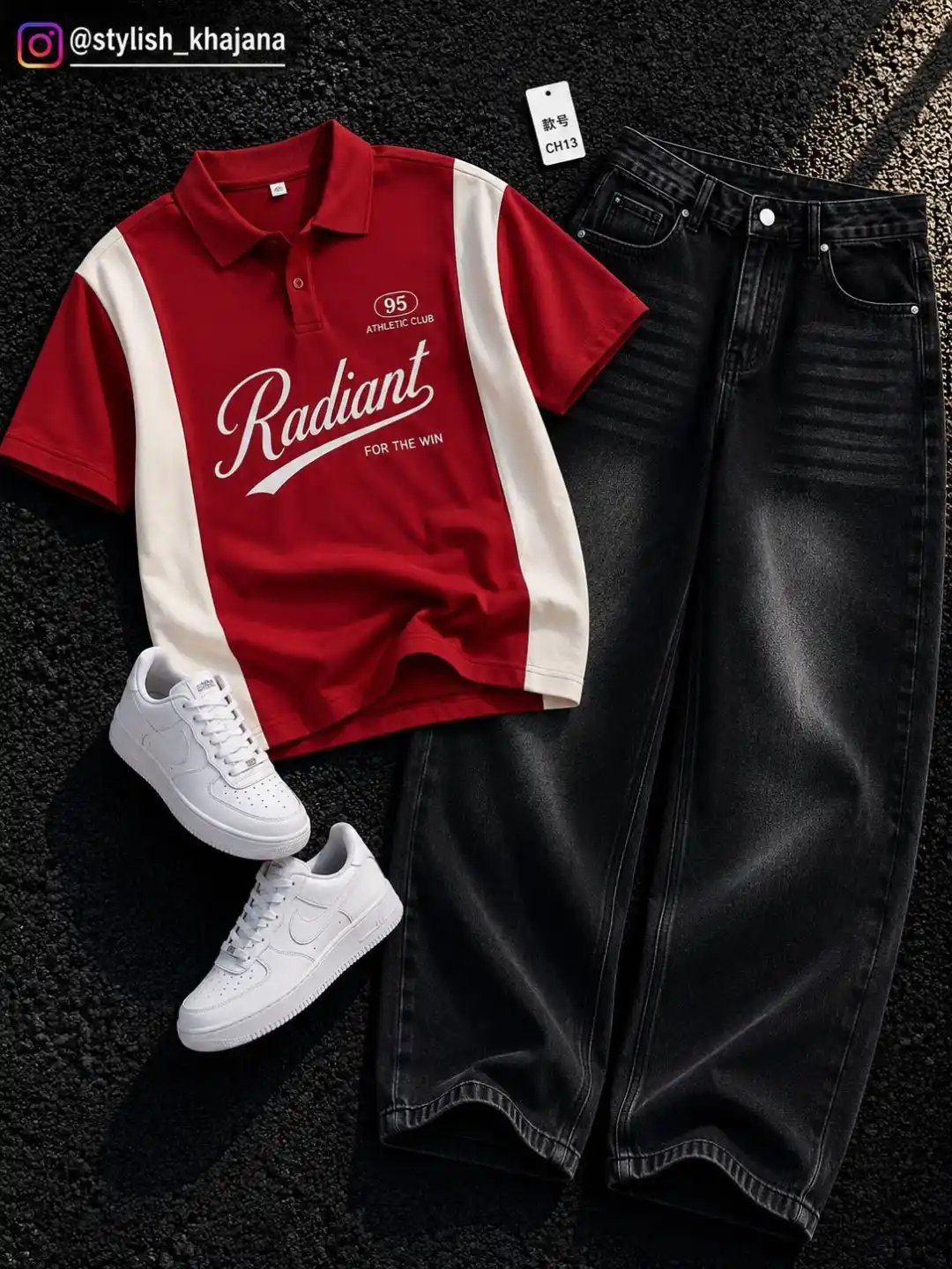 Men Brown Zip-Collar Polo Shirt with Black Acid-Wash Jeans - Image 4