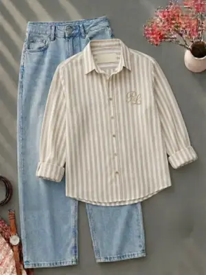 Long-Sleeve Vertical Striped Button-Down Shirt and Jeans Combo