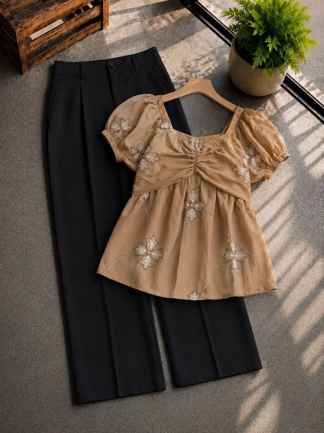 Short Puff-Sleeve Embroidered Peplum Top with High-Waisted Tailored Trousers Set