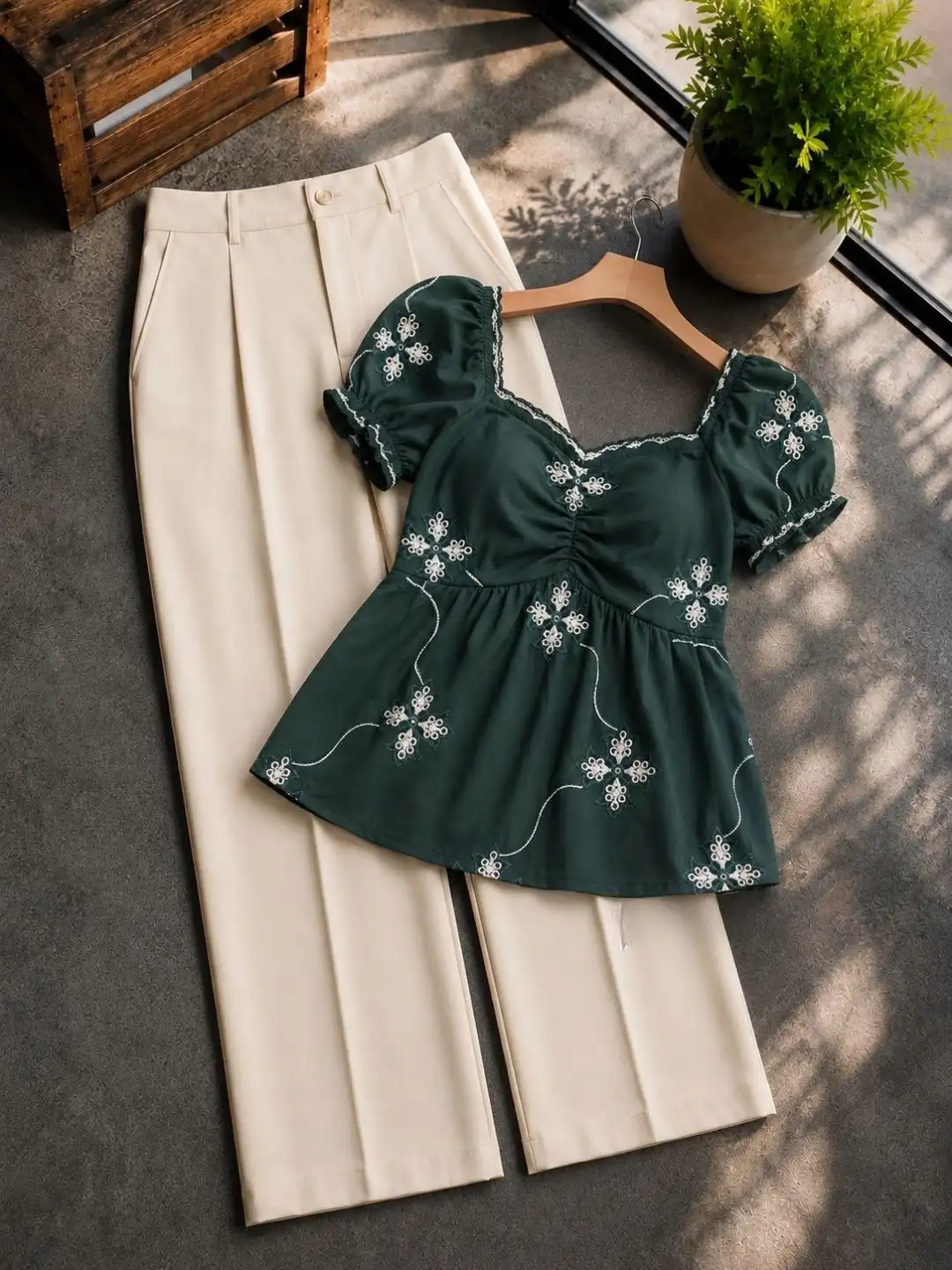 Short Puff-Sleeve Embroidered Peplum Top with High-Waisted Tailored Trousers Set - Image 2