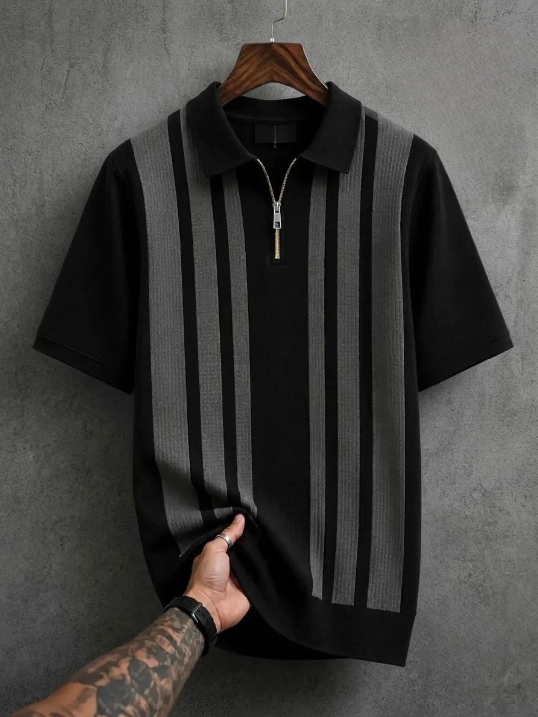 Short-Sleeve Vertical-Striped Texture Knit Polo with Quarter-Zip Placket