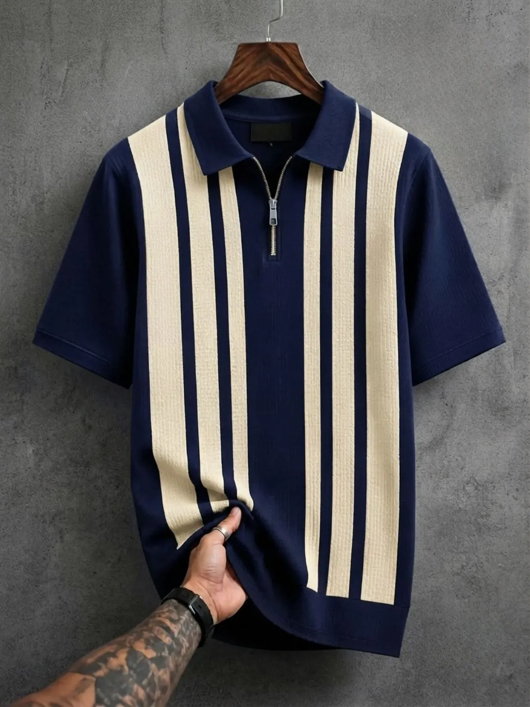 Short-Sleeve Vertical-Striped Texture Knit Polo with Quarter-Zip Placket - Image 4
