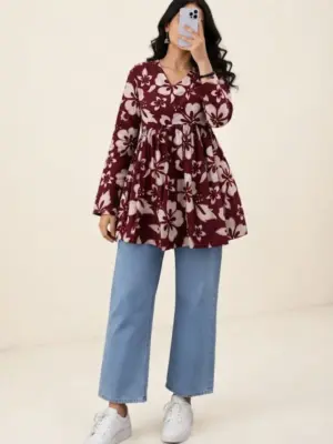 Long-Sleeve Floral Print V-Neck Peplum Top