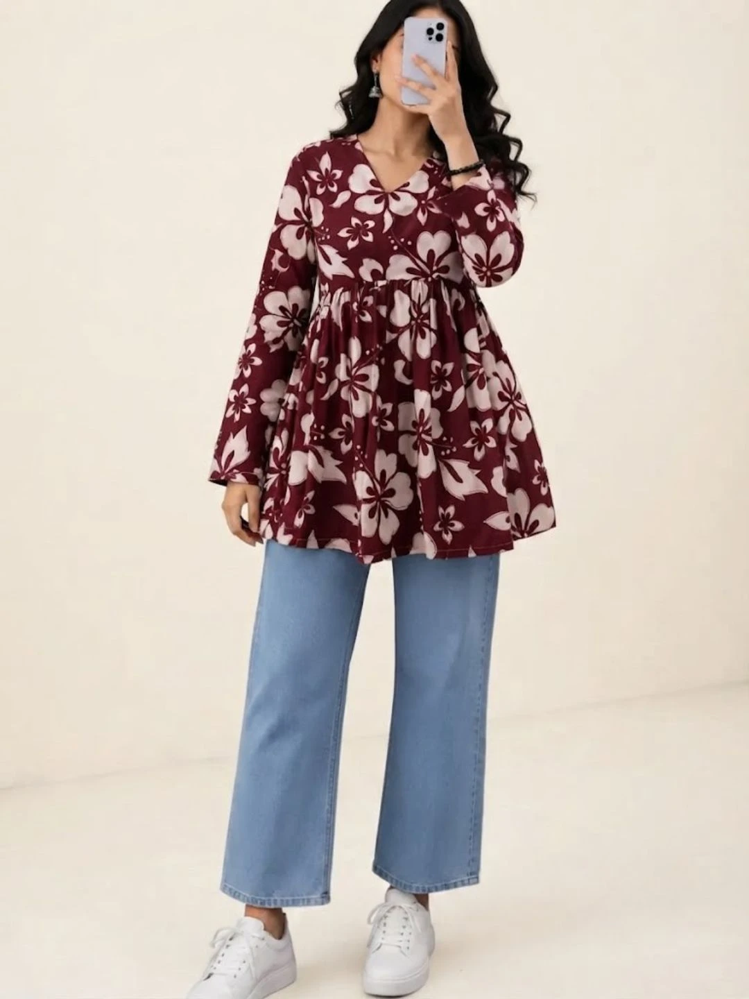 Long-Sleeve Floral Print V-Neck Peplum Top