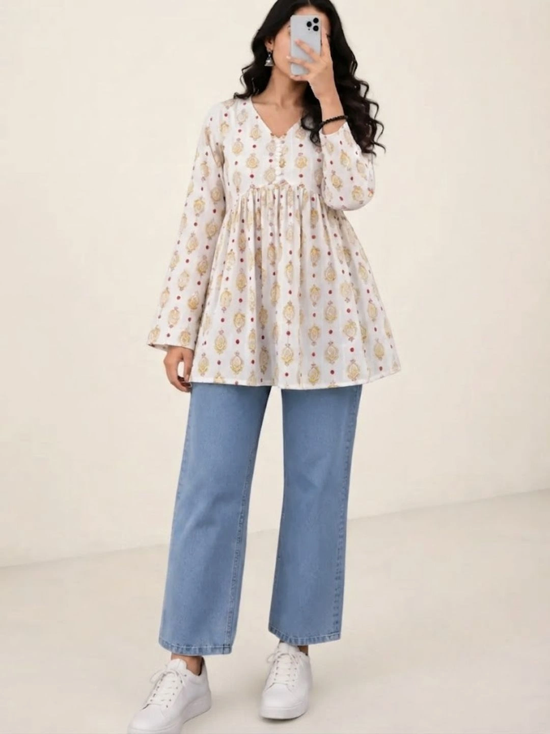 Long-Sleeve Floral Print V-Neck Peplum Top - Image 2