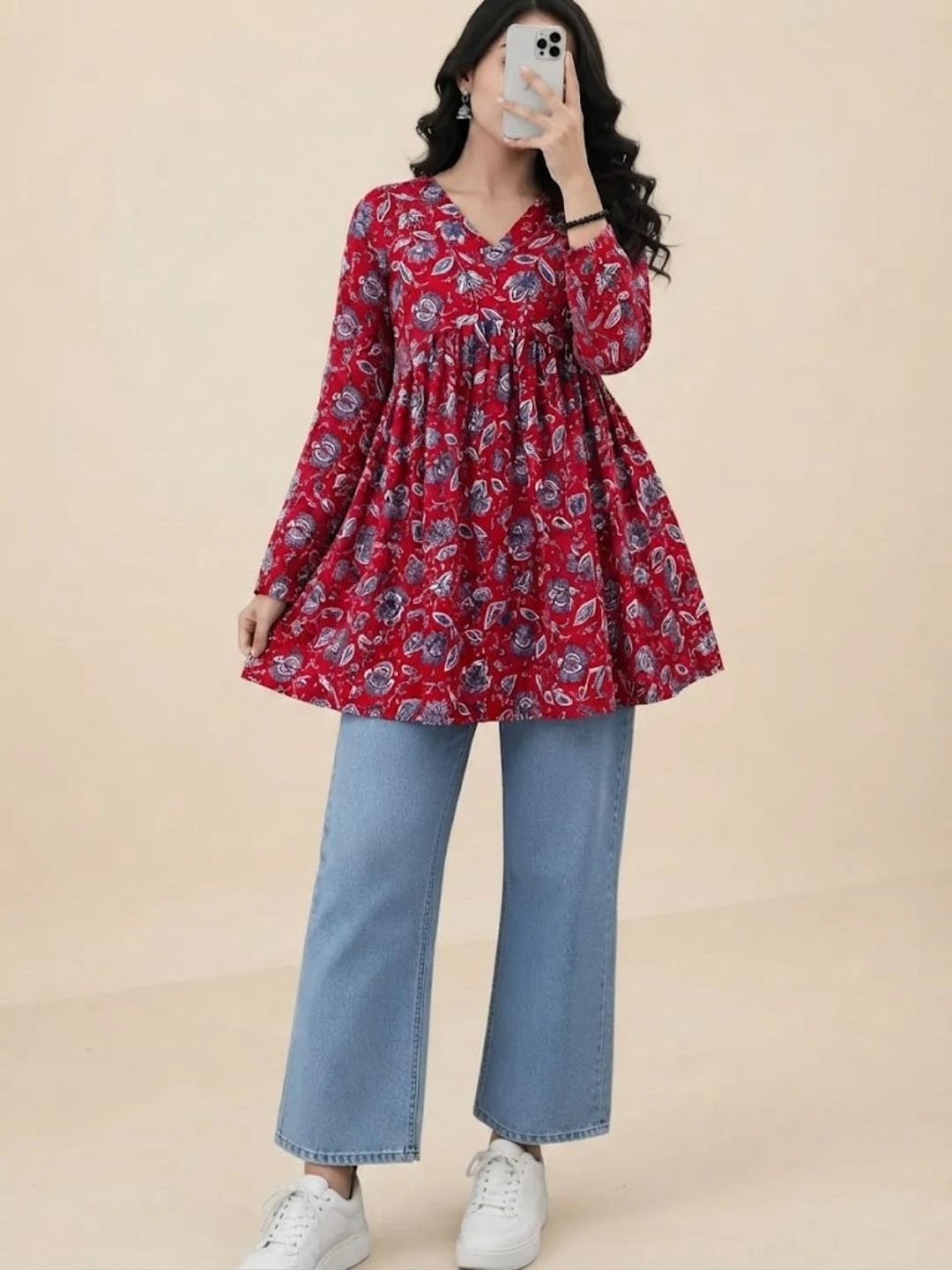 Long-Sleeve Floral Print V-Neck Peplum Top - Image 3