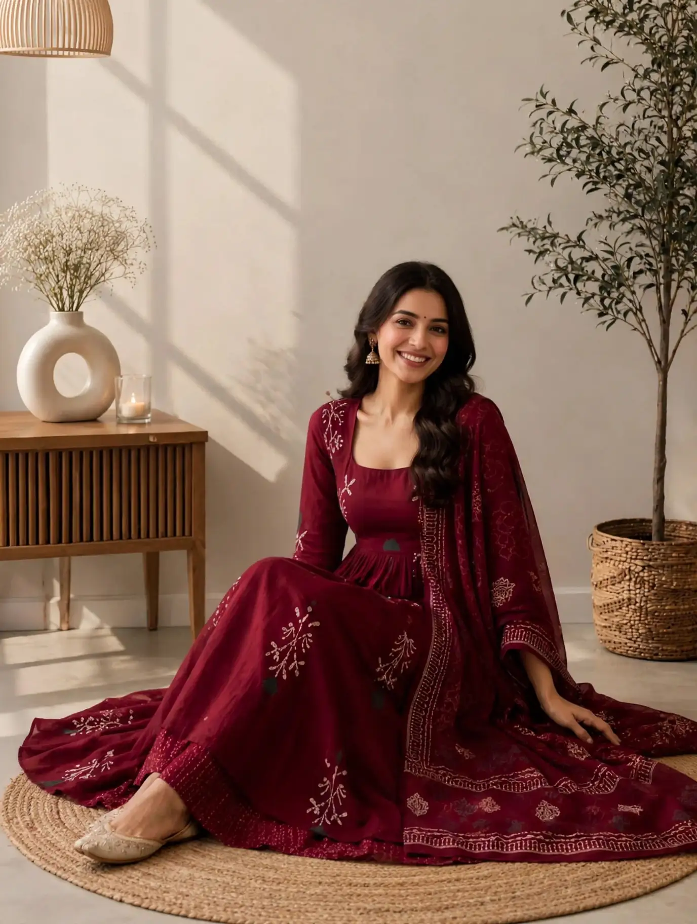 Maroon Block-Printed Anarkali Kurta with Palazzos & Dupatta - Image 2