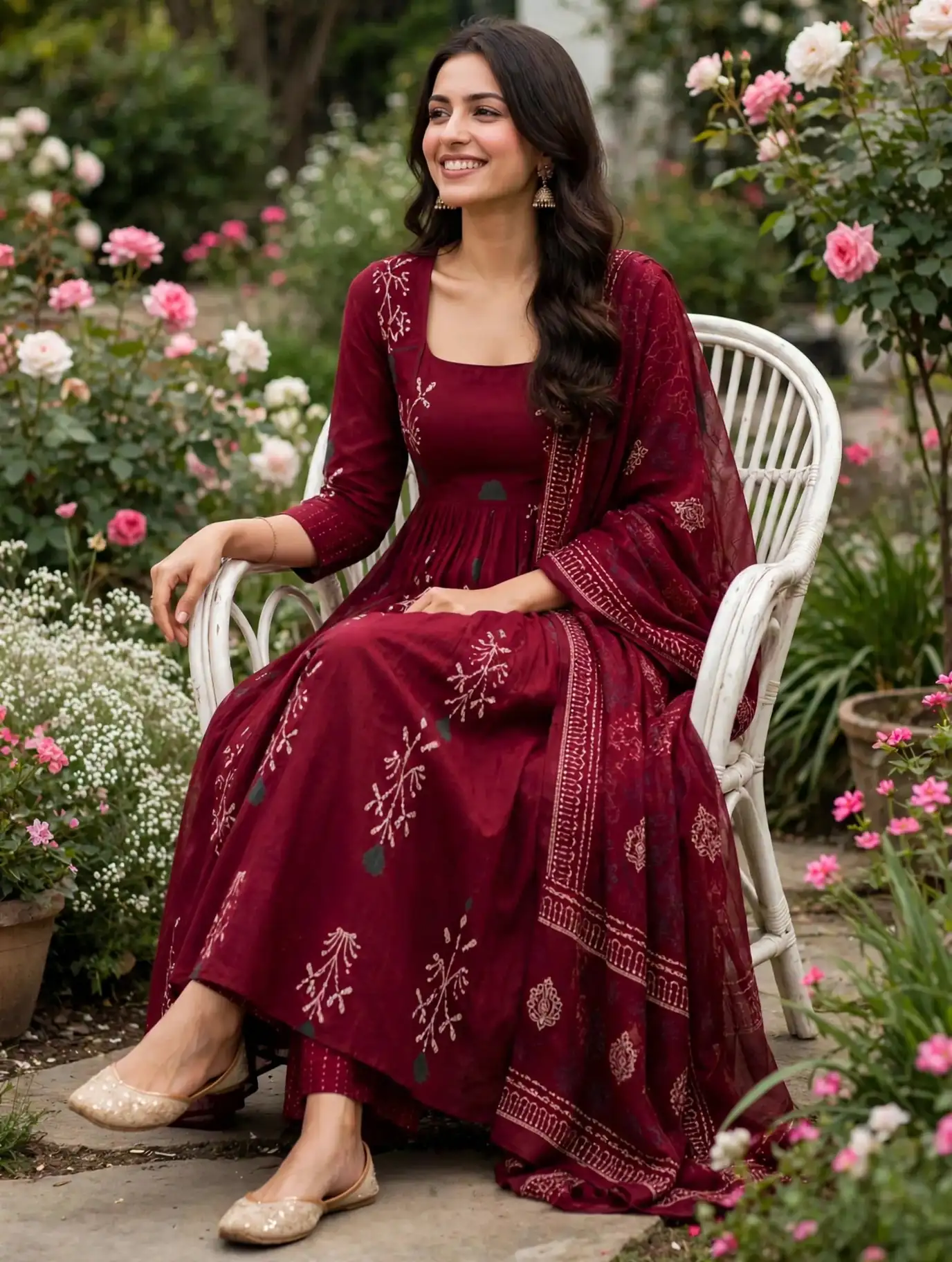 Maroon Block-Printed Anarkali Kurta with Palazzos & Dupatta - Image 3