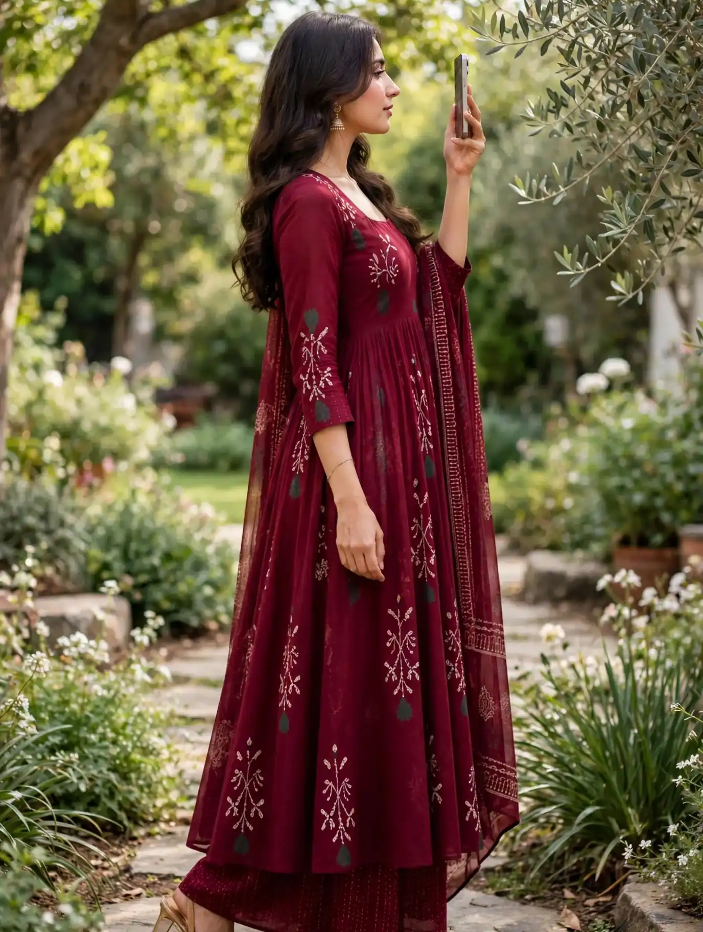 Maroon Block-Printed Anarkali Kurta with Palazzos & Dupatta - Image 4