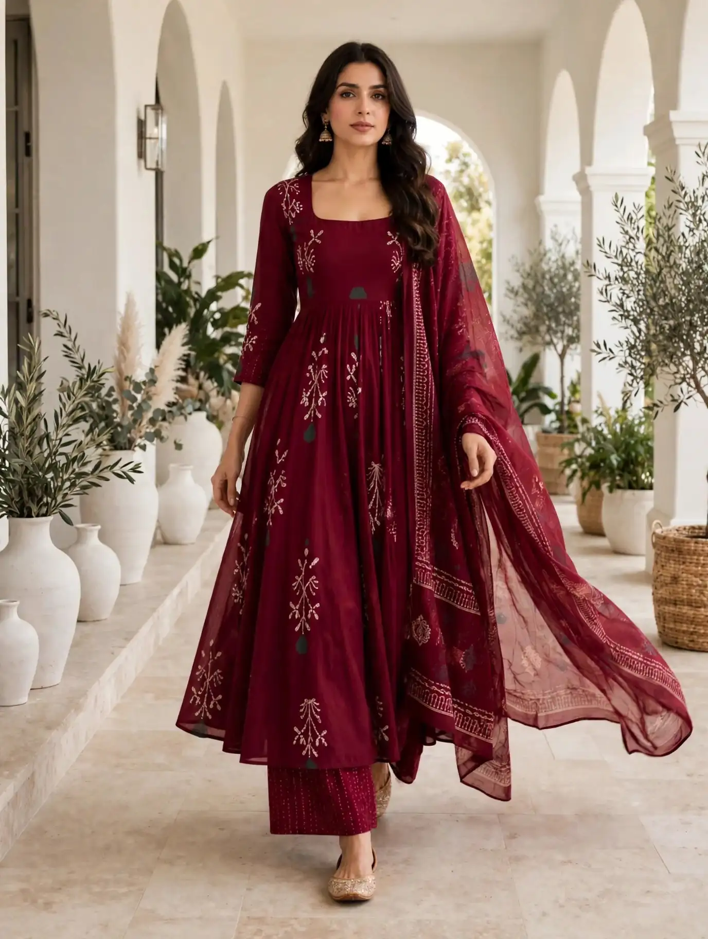 Maroon Block-Printed Anarkali Kurta with Palazzos & Dupatta - Image 5